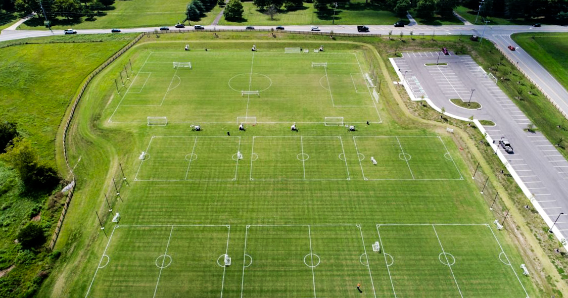 Aerial view of the soccer fields at Volunteer Park at Arrowhead in Hendersonville